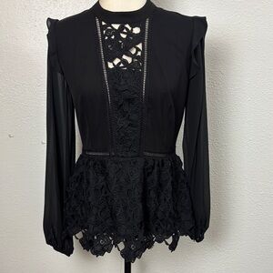 886 Kensie Women's Black Lace Panel Long-Sleeve Peplum Top. SzS